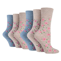 6 Pairs Ladies Cotton Socks - Blue/Neutral Floral