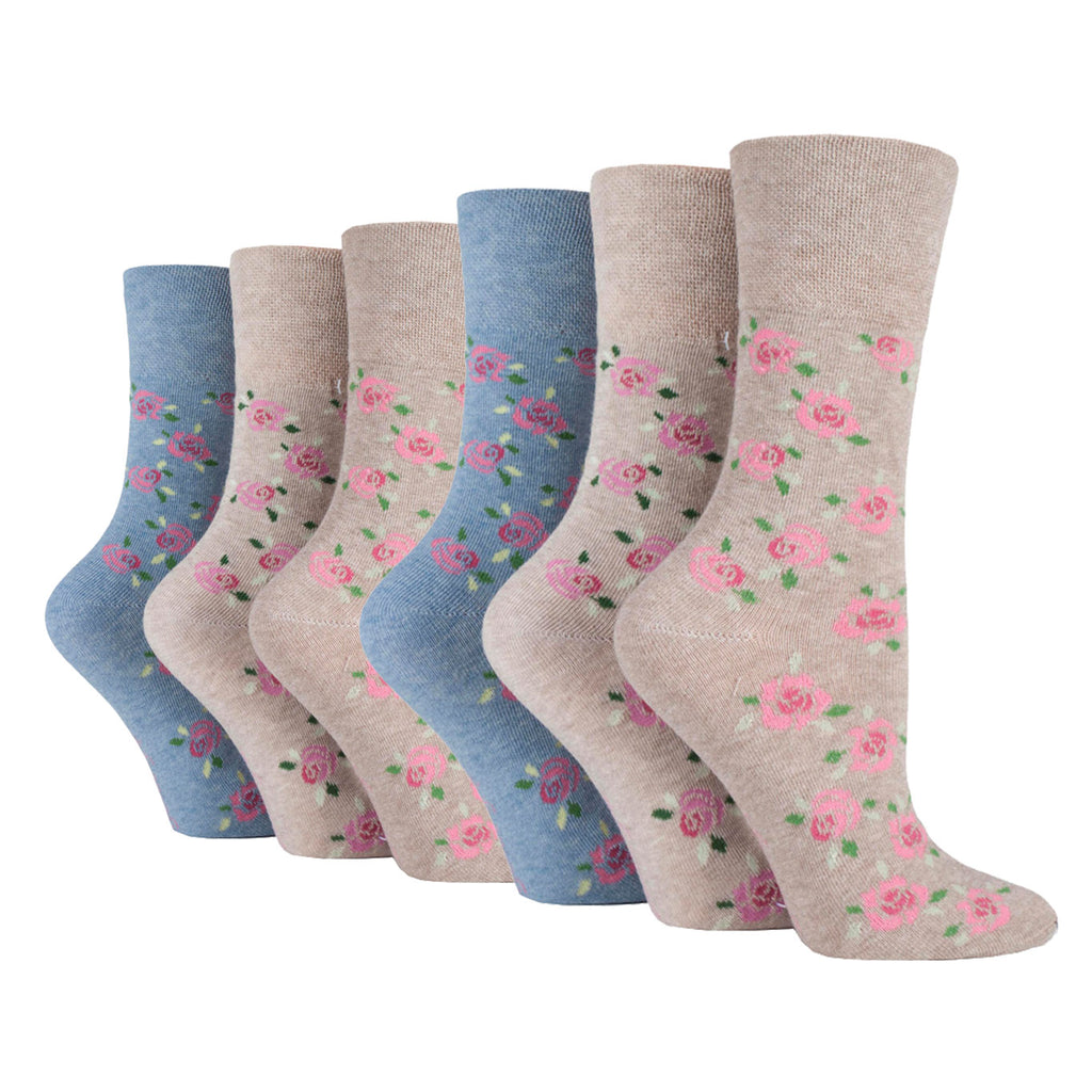 6 Pairs Ladies Gentle Grip Cotton Socks - Blue/Neutral Floral