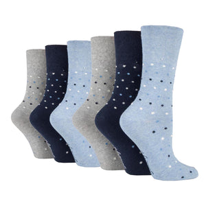6 Pairs Ladies Gentle Grip Cotton Socks - Denim Polka Dots