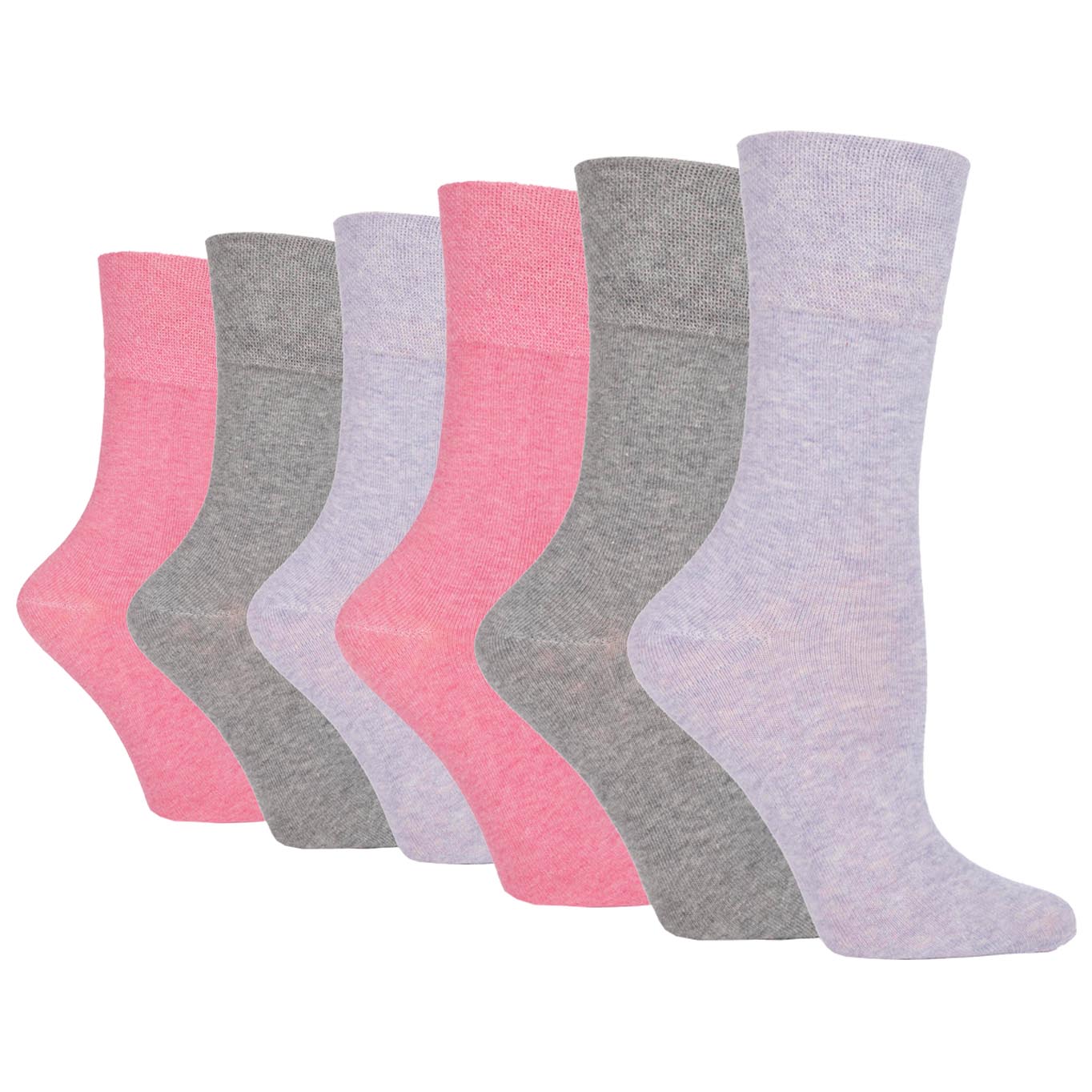 6 Pairs Ladies Gentle Grip Cotton Socks Grey/Lavender/Rose