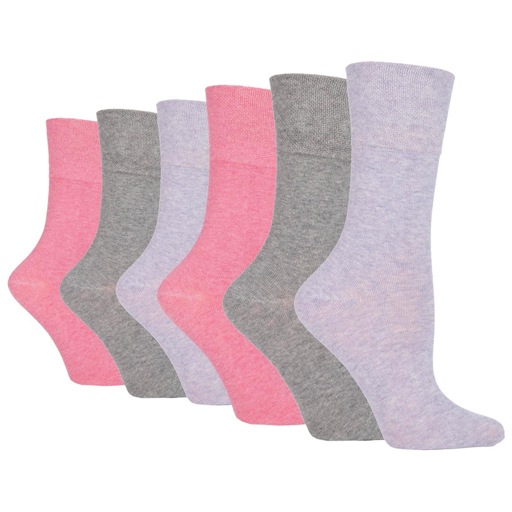6 Pairs Ladies Gentle Grip Plain Cotton Socks - Grey/Lavender/Rose