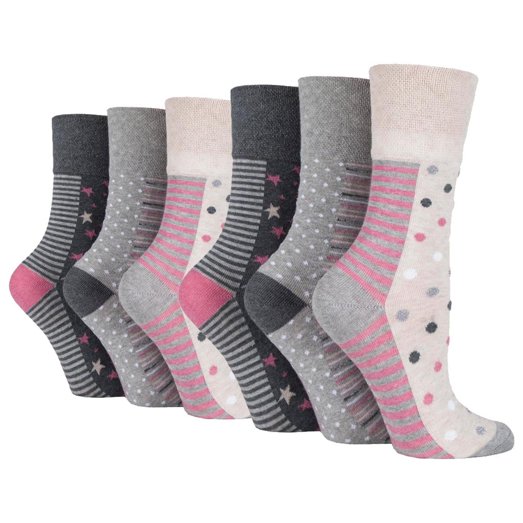 6 Pairs Ladies Gentle Grip Cotton Socks - Celia Spot/Stripe