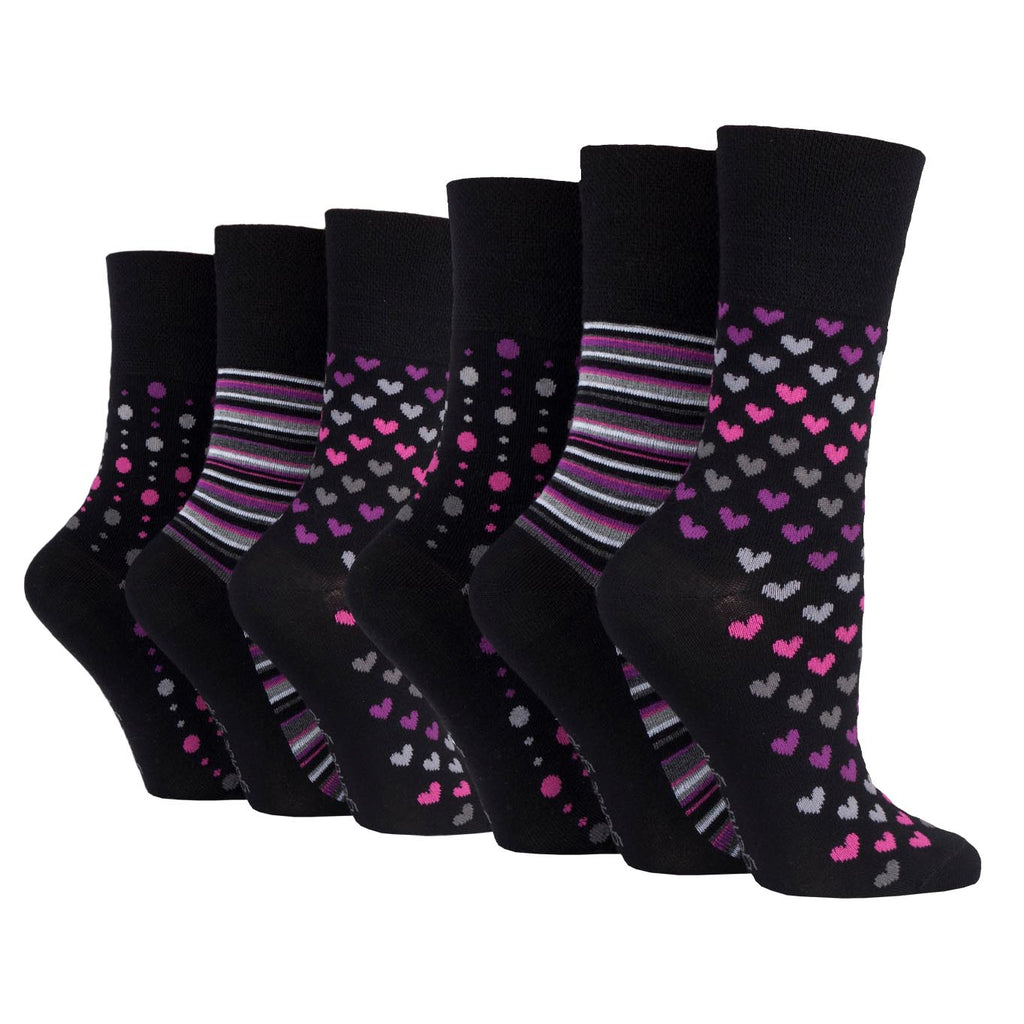 6 Pairs Ladies Gentle Grip Bamboo Socks - Black/Berry