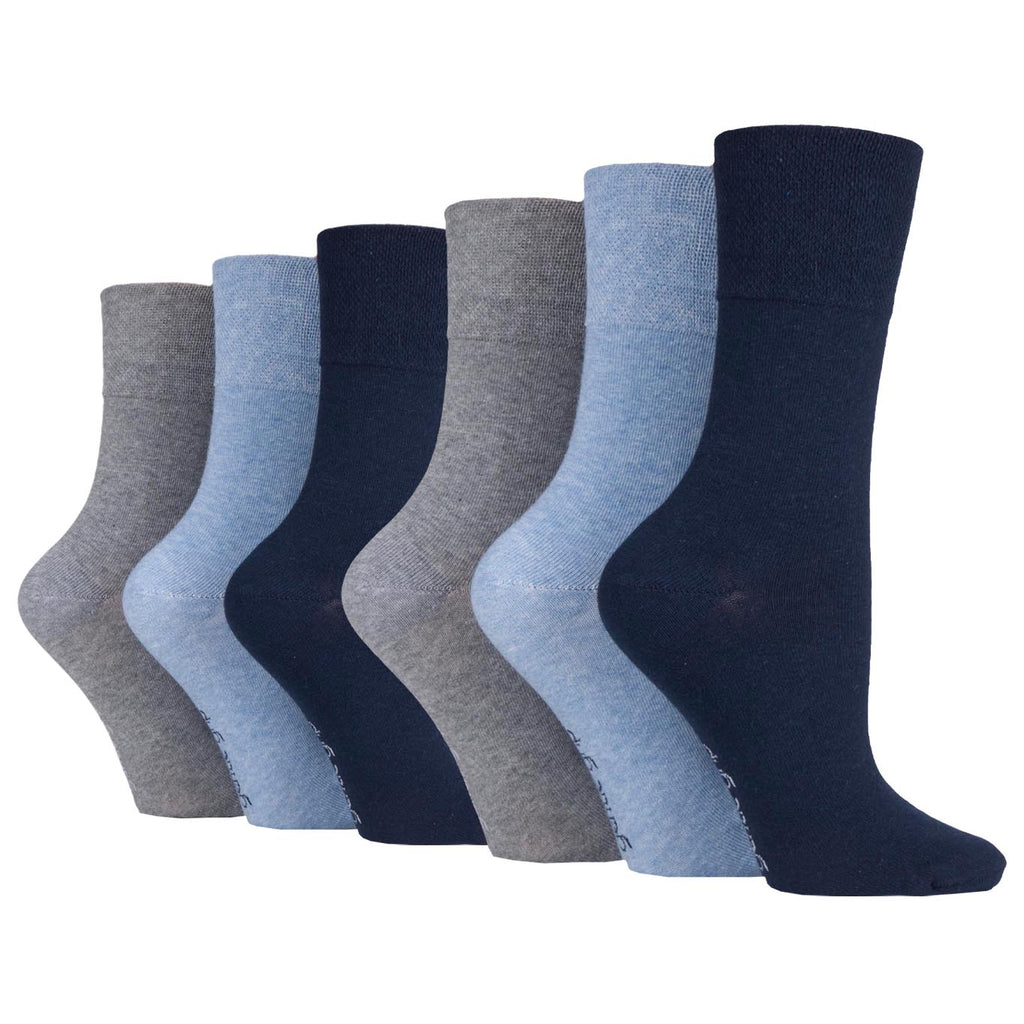 6 Pairs Ladies Gentle Grip Plain Cotton Socks - Navy/Denim/Light Grey