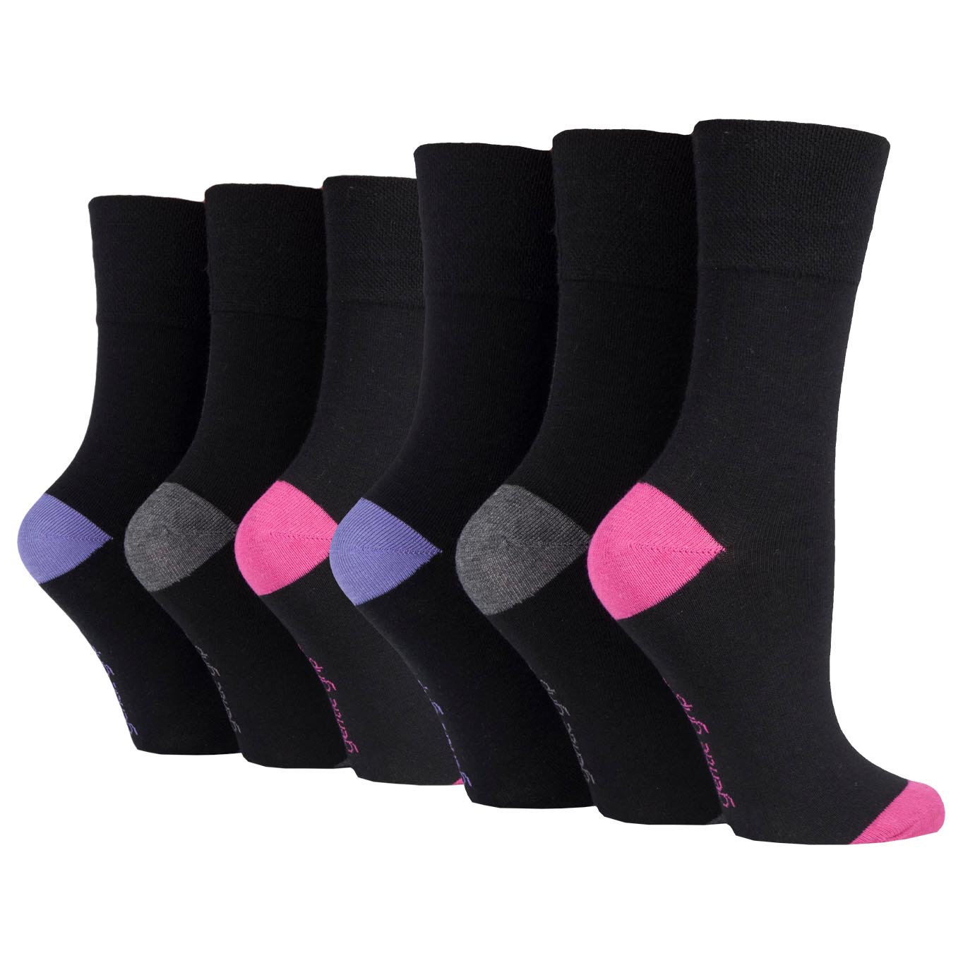 6 Pairs Ladies Gentle Grip Cotton Socks Black with Charcoal/Violet/Pink Heel & Toe