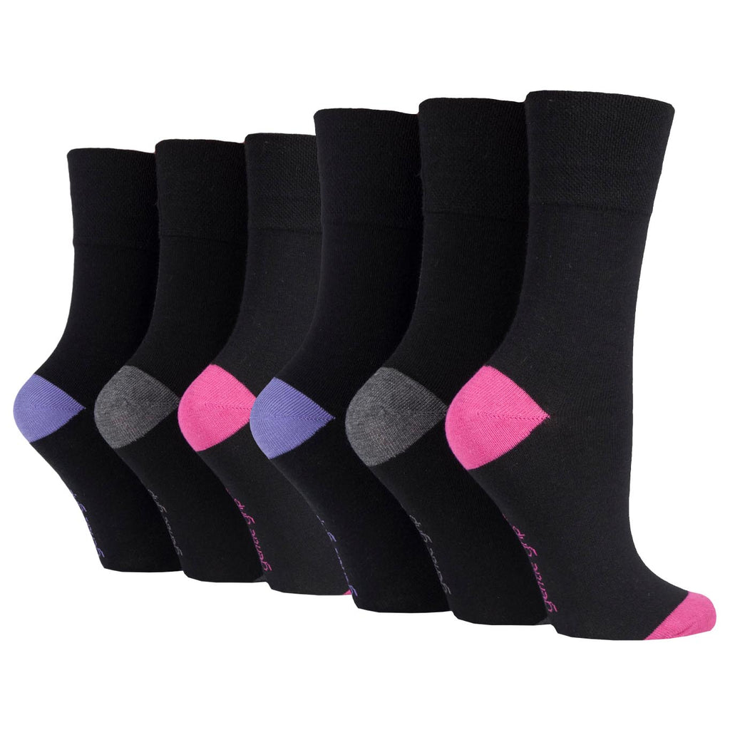 6 Pairs Ladies Gentle Grip Heel & Toe Cotton Socks - Black with Charcoal/Violet/Pink