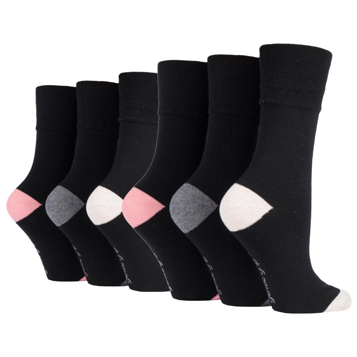 6 Pairs Ladies Gentle Grip Heel & Toe Cotton Socks - Black with Grey/Dusky Pink/Cream