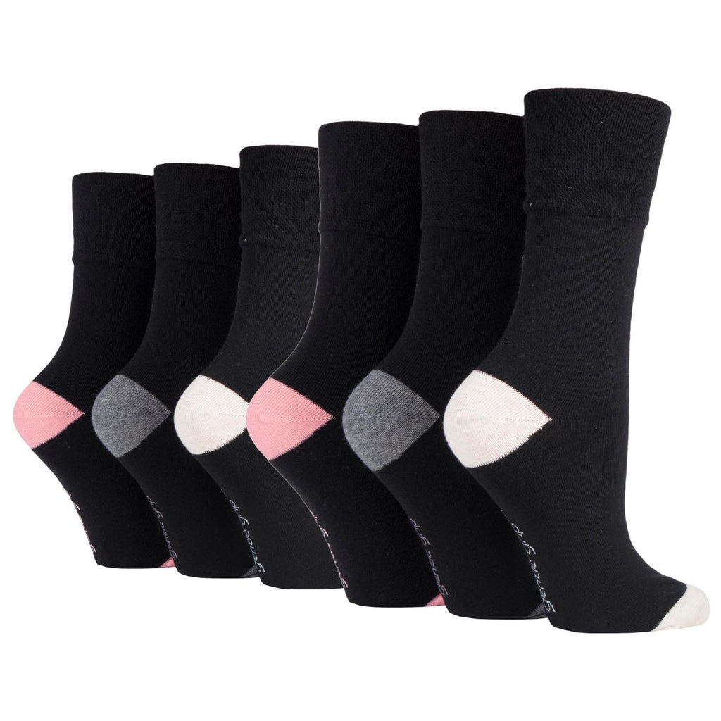 6 Pairs Ladies Gentle Grip Cotton Socks Black with Grey/Dusky Pink/Cream Heel & Toe
