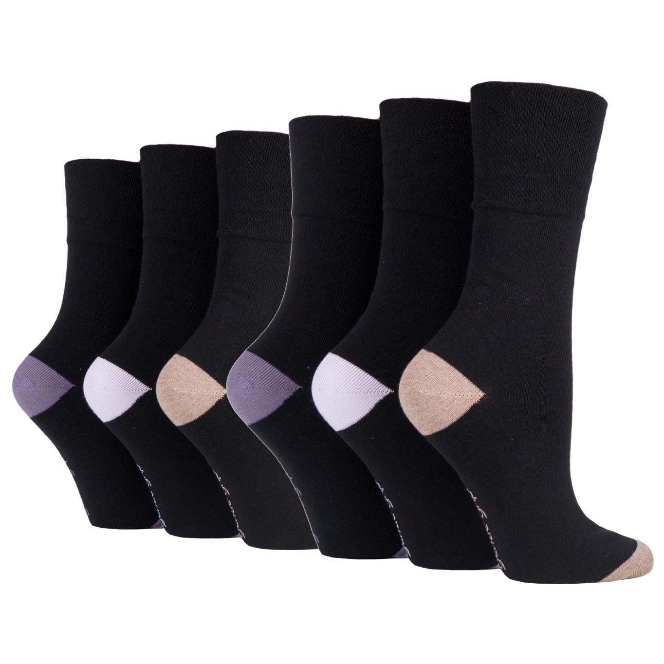6 Pairs Ladies Gentle Grip Cotton Socks Black with Mauve/Lilac/Mocha Heel & Toe