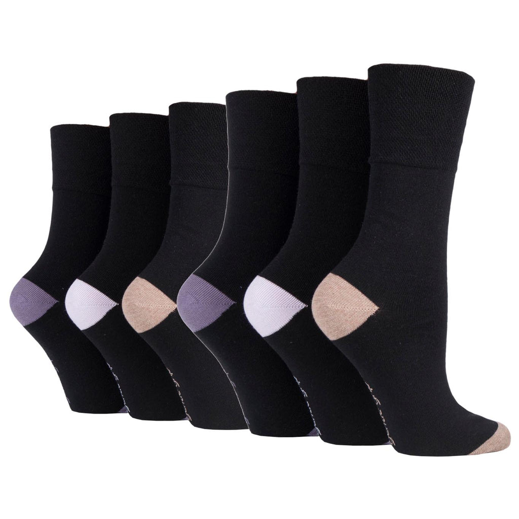 6 Pairs Ladies Gentle Grip Heel & Toe Cotton Socks - Black with Mauve/Lilac/Mocha